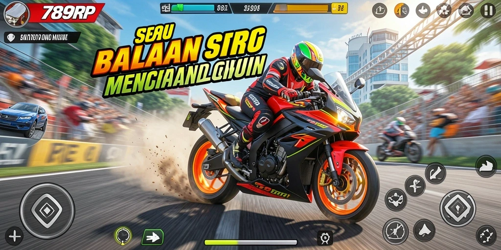 Screenshot gameplay 789RP yang menampilkan balapan motor yang intens dan seru.