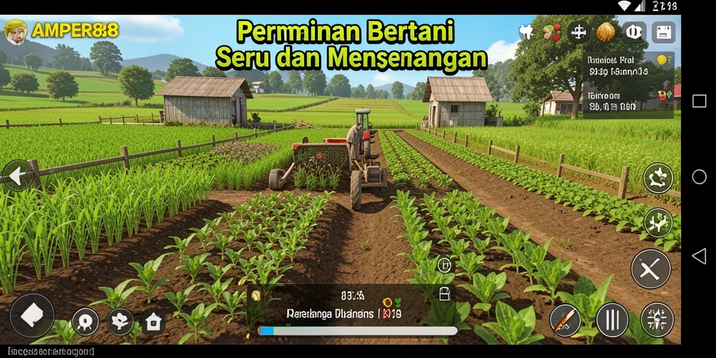 Tampilan gameplay AMPER88 dengan lahan pertanian yang subur dan interaksi karakter.