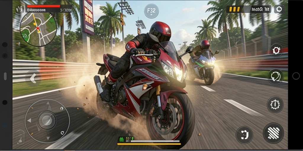 Gameplay F32 yang memukau dalam balapan motor yang seru.